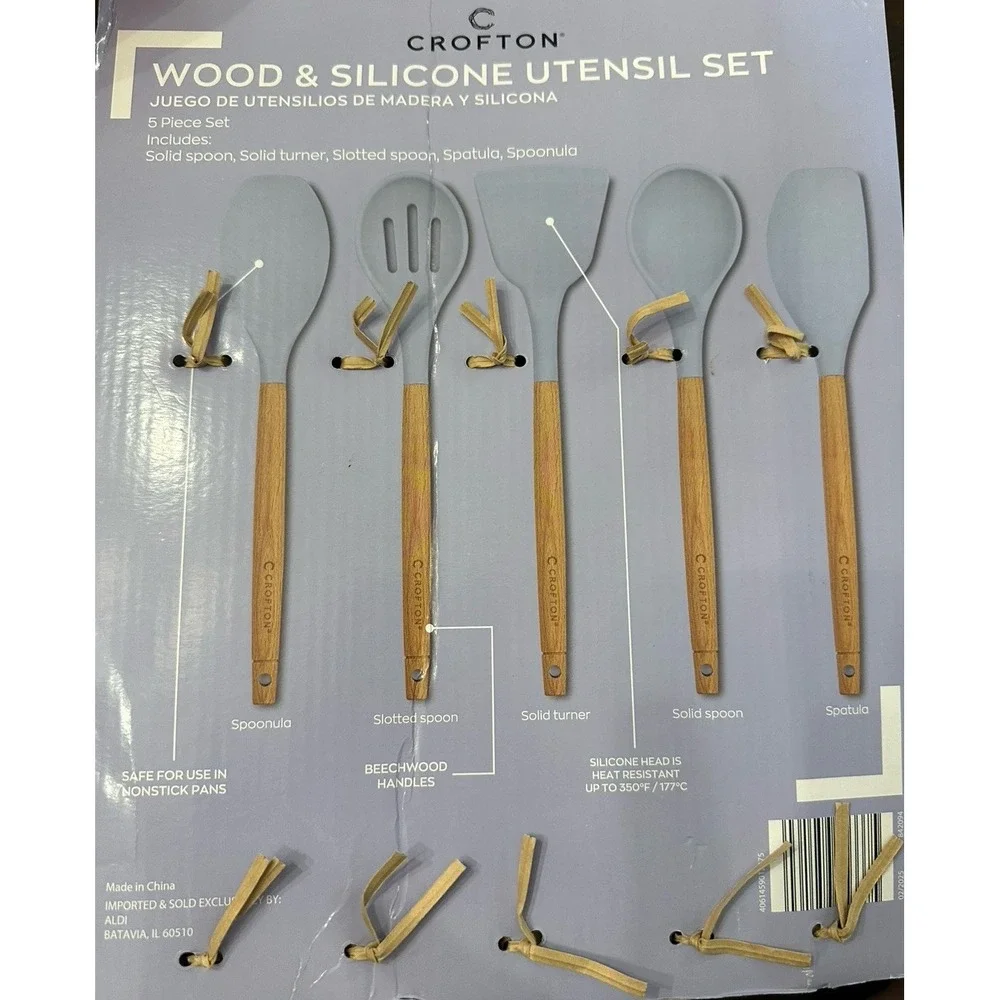 Crofton Wood & Silicone Utensil Set 5-Piece Spoon, Turner, Spatula